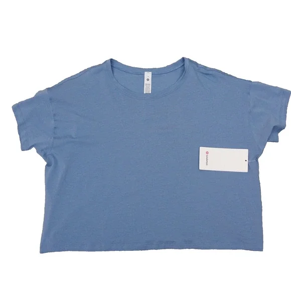 New Lululemon Size 12 Cates Tee Shirt Relaxed Fit Cropped Pima Cotton BLWL Blue - Picture 1 of 7